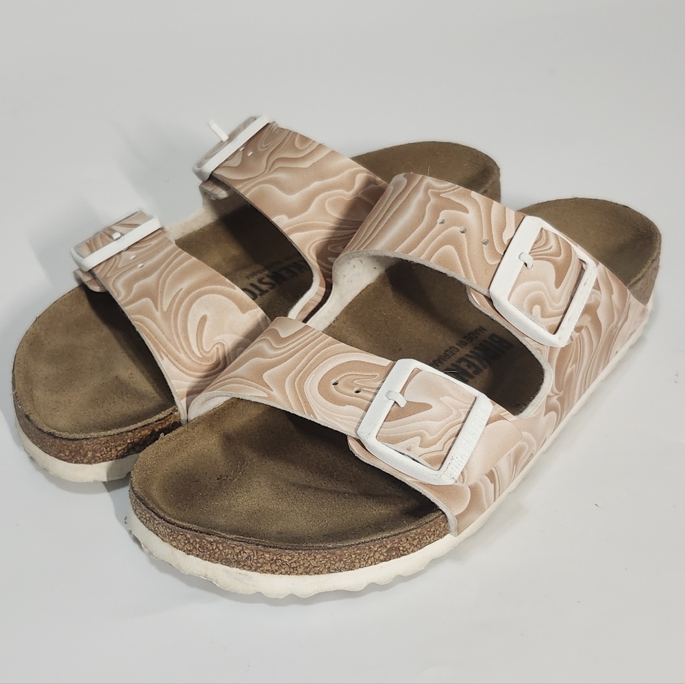 Birkenstock Arizona Birko-Flor Beige Marble Print Sandal Women Sz 38EU 7-7.5US